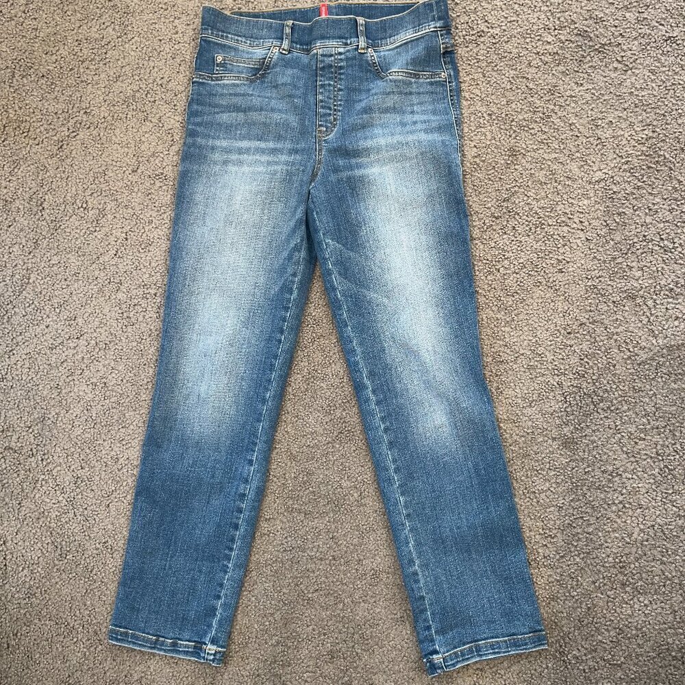 SPANX EVERY WEAR Pull On Straight Leg 5 Pocket Blue Denim Jeans - EUC - Size L